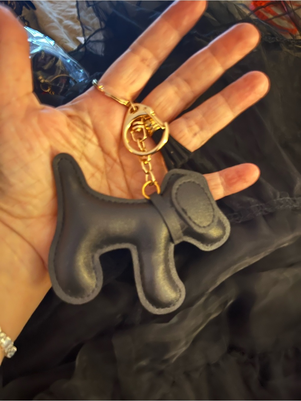Black Dog-Shaped Leather Keychain/Purse Charm with Gold Hardware